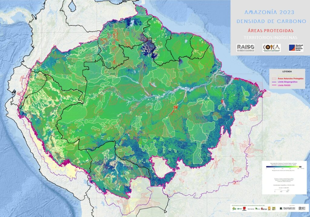 Mapa densidad de carbono en Áreas Naturales Protegidas y Territorios Indígenas de la Amazonía - 2023